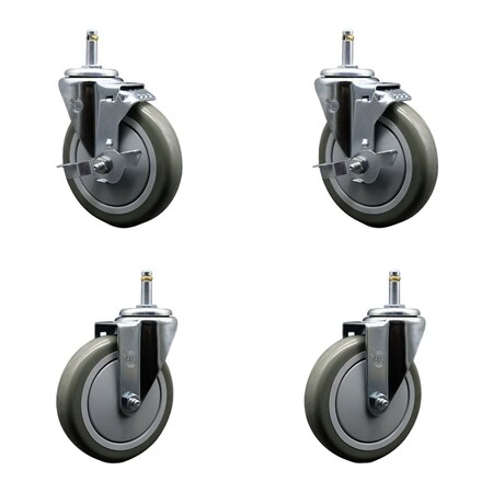 Service Caster 5'' Gray Poly Wheel Swivel 7/16'' Grip Ring Stem Caster Set 2 Brakes, 4PK SCC-GR20S514-PPUB-TLB-716138-2-S-2
